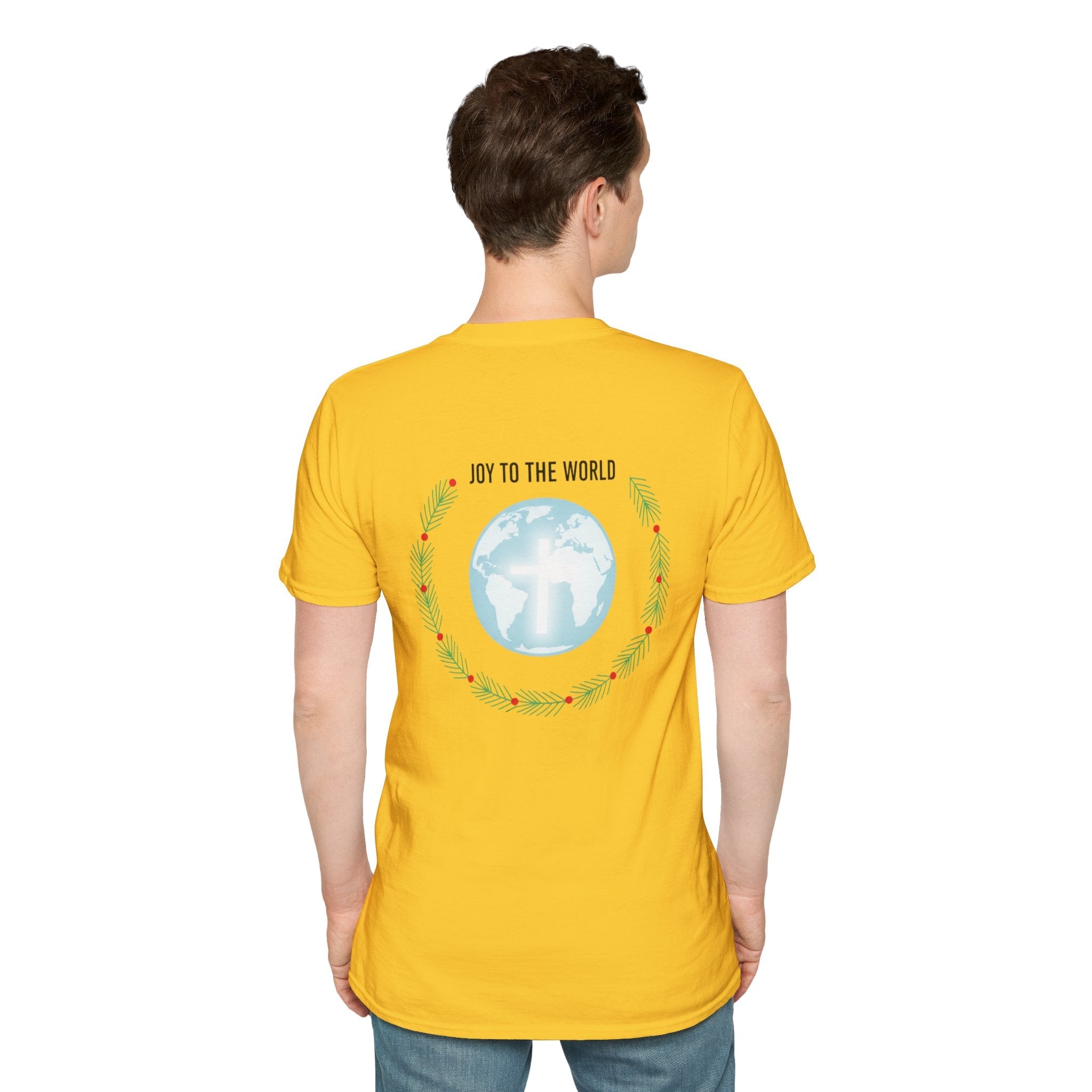 Joy to the World T-shirt – Wreath Earth Nativity Christian Christmas T-shirt for Isaiah 9:6 Holiday Faith & Festive Joy Printify