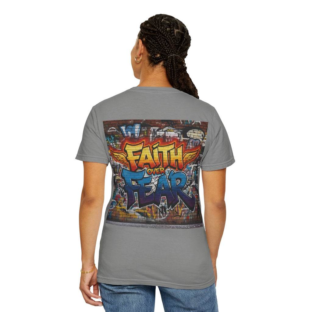 Faith Over Fear T-shirt – Graffiti Wall Christian T-shirt for Bold 2 Corinthians 5:7 Streetwear & Unshakable Faith Printify