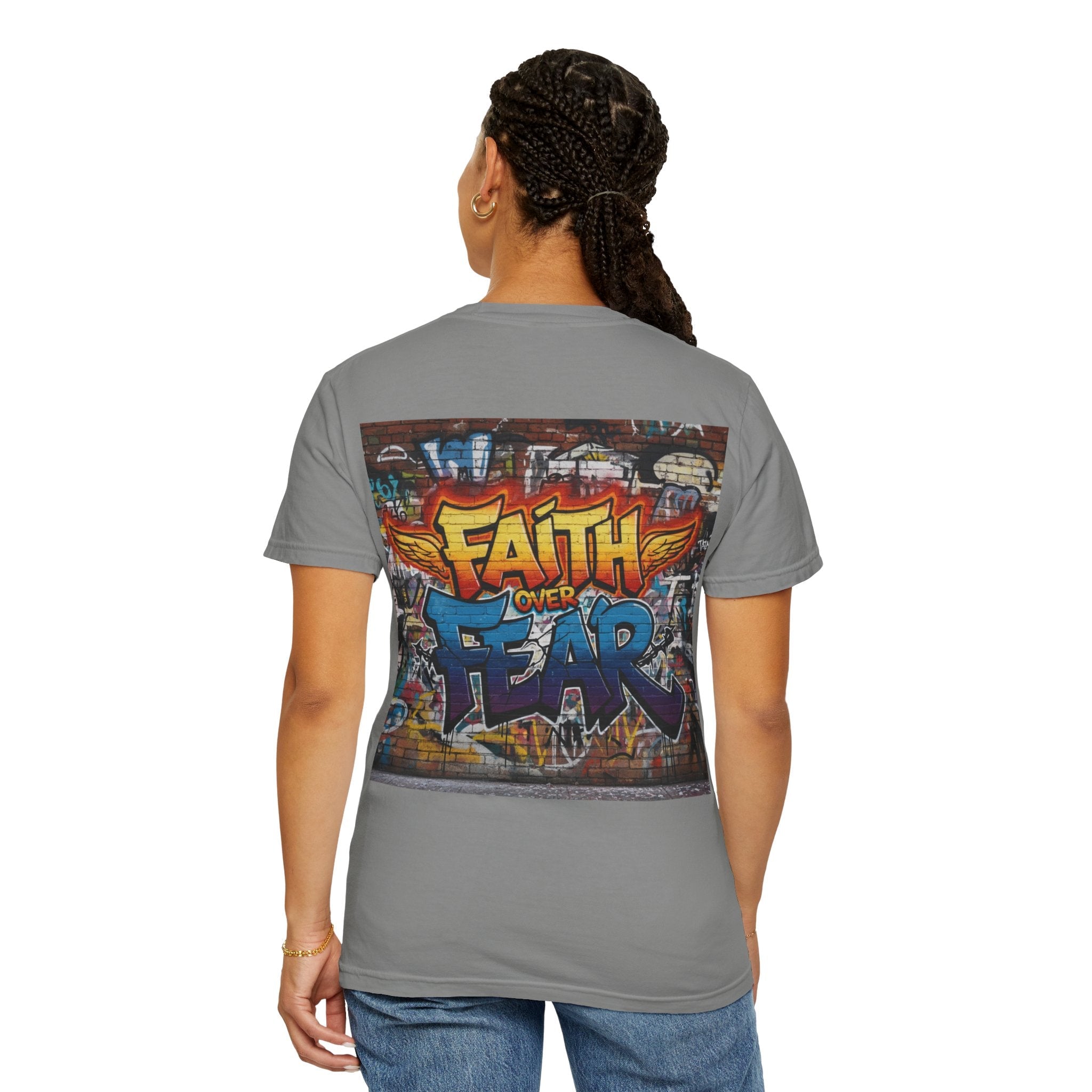 Faith Over Fear T-shirt – Graffiti Wall Christian T-shirt for Bold 2 Corinthians 5:7 Streetwear & Unshakable Faith Printify