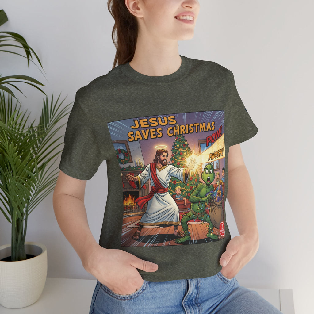 Jesus Saves Christmas T-shirt – Grinch vs Savior Light Battle Christian T-shirt for Hilarious Holiday Faith & True Joy Printify