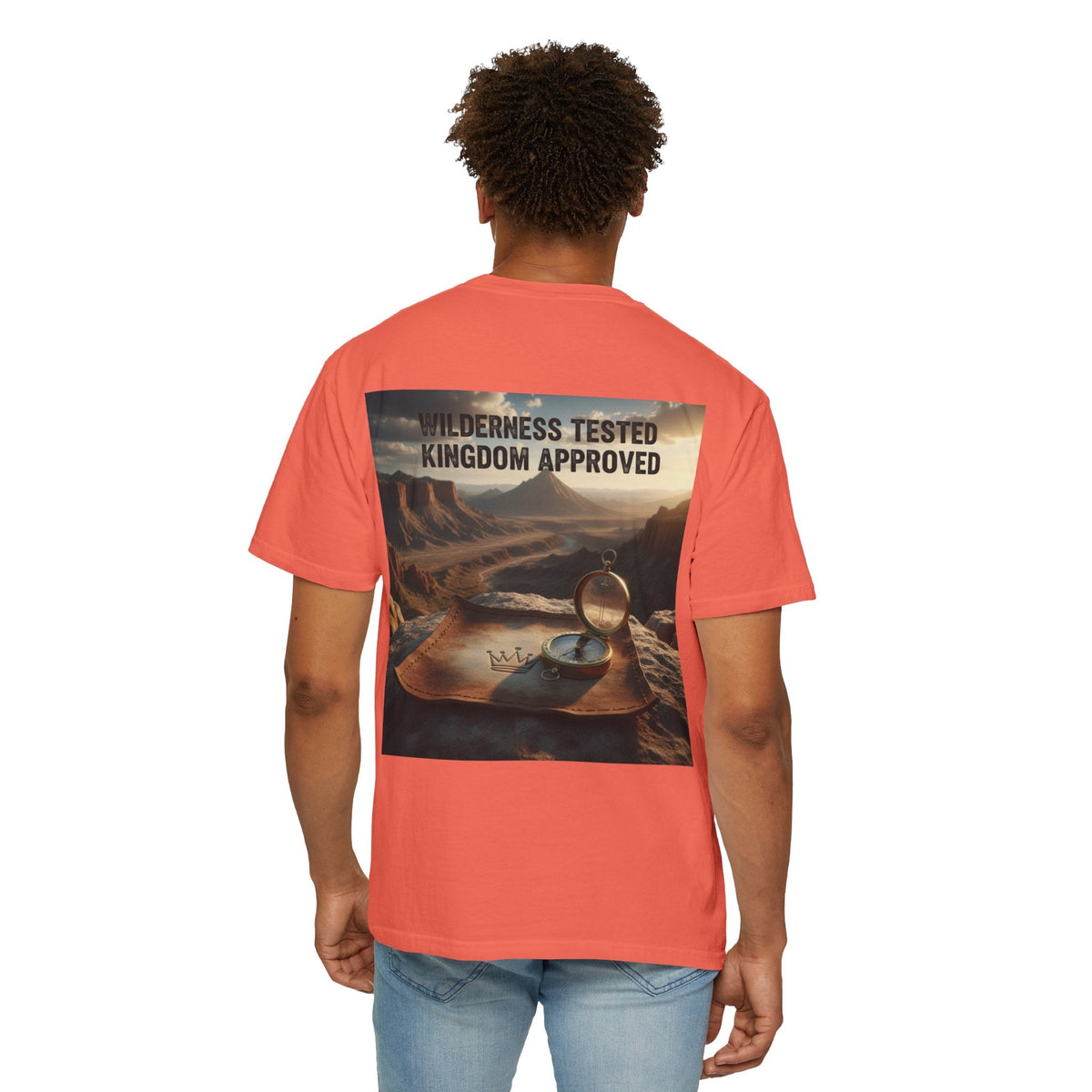 Wilderness Tested Kingdom Approved T-shirt – Mountain Desert Compass Crown Christian T-shirt for Biblical Adventure Faith Printify