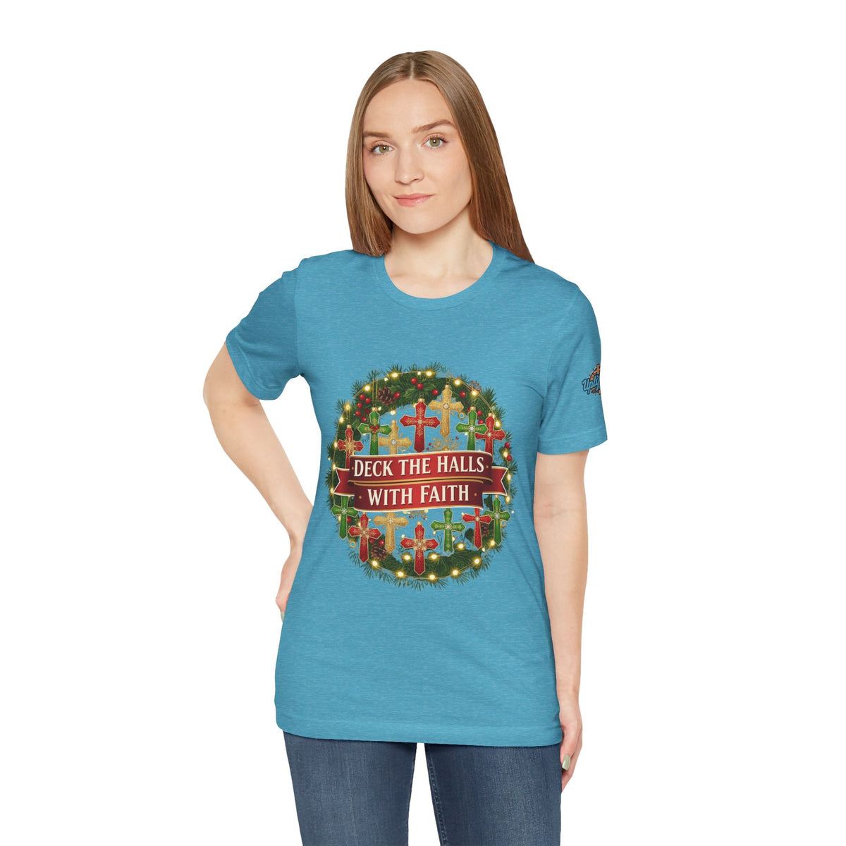 🎄 Deck the Halls with Faith – Christian Christmas T-Shirt | Cross Ornament Design & Festive Garland | Bold Holiday Faith Tee by Uplifted Gear Printify