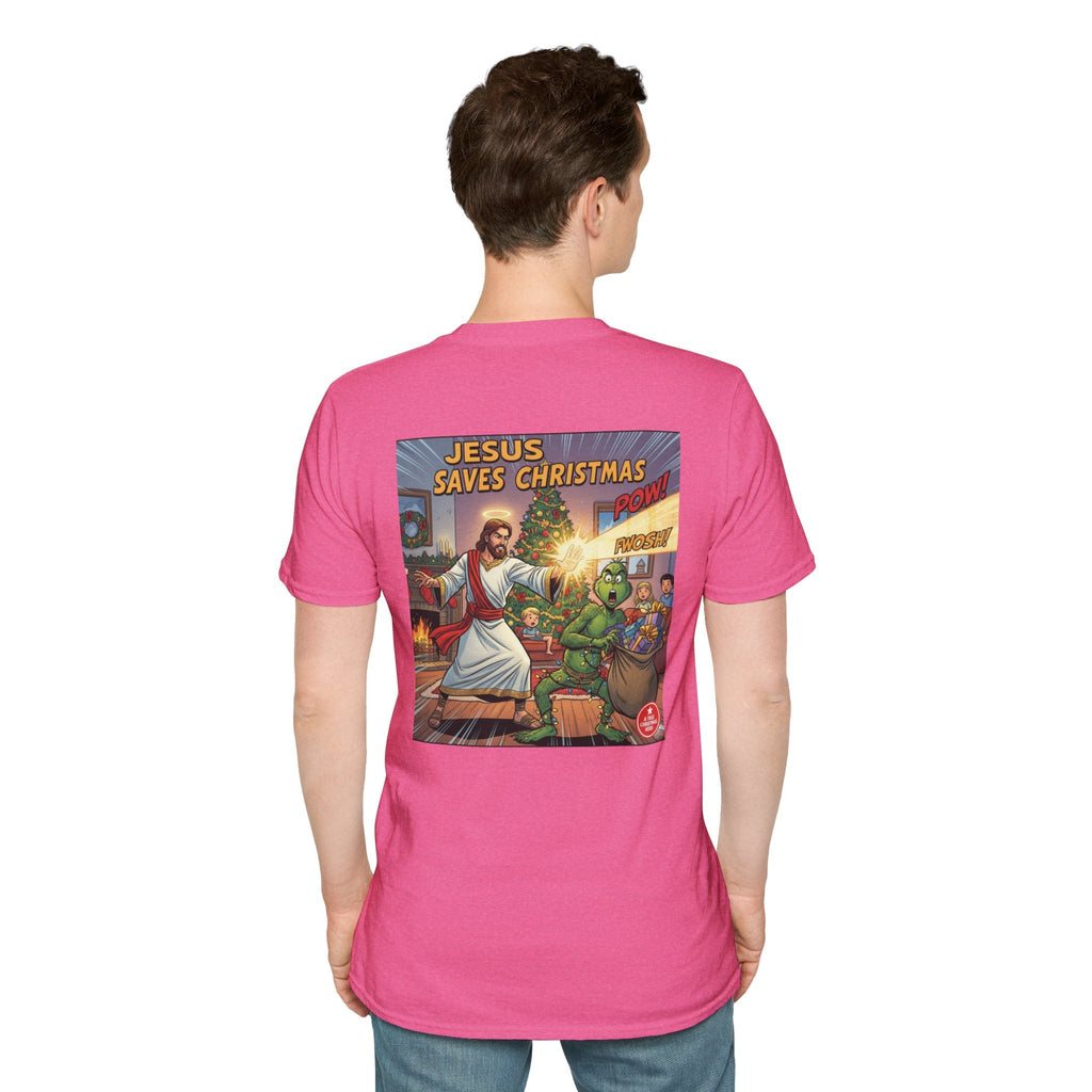 Jesus Saves Christmas T-shirt – Grinch vs Savior Light Battle Christian T-shirt for Hilarious Holiday Faith & True Joy Printify