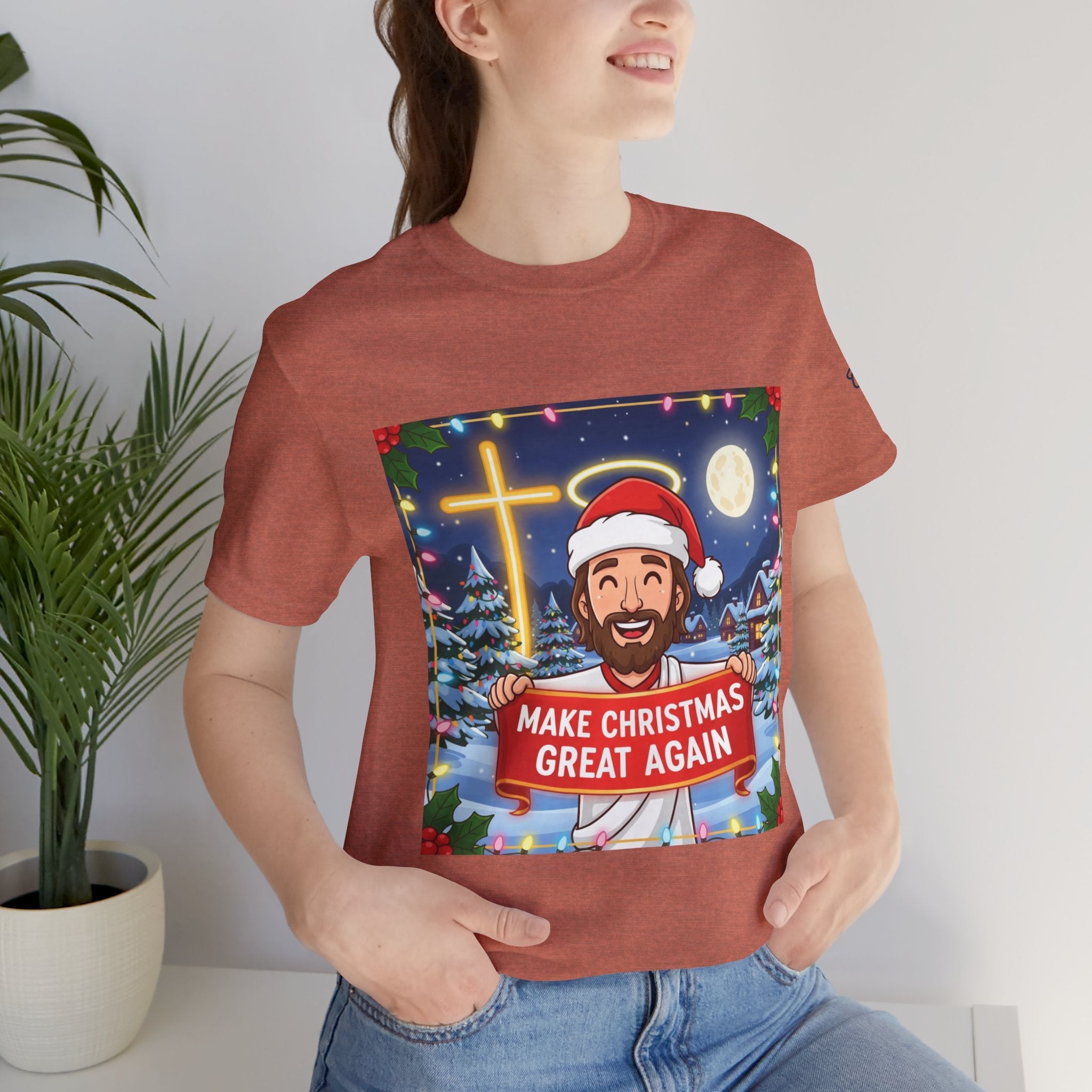 🎄 Make Christmas Great Again – Funny Christian T-Shirt | Jesus Holding Banner | Faith-Based Holiday Parody Tee | Uplifted Gear Printify