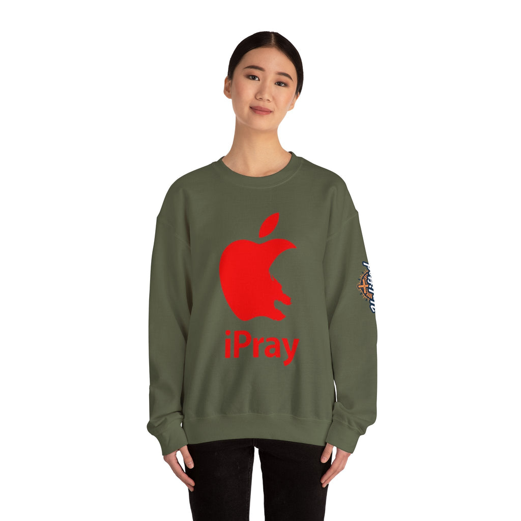 iPray Apple Logo Sweatshirt — Funny Christian Sweatshirt (Minimal Red Apple Graphic) Printify