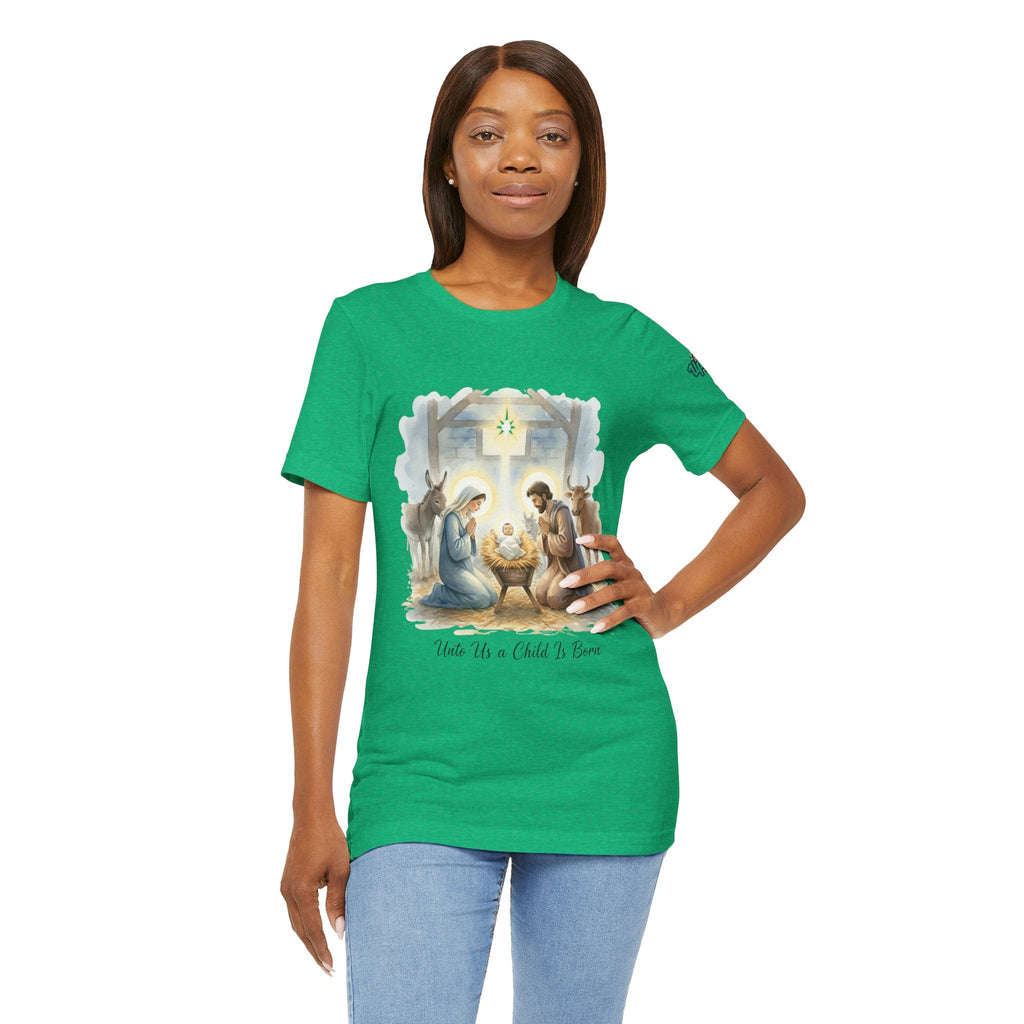 Unto Us a Child is Born T-shirt – Isaiah 9:6 Nativity Manger Scene Christian Christmas T-shirt for Holy Night Faith Printify