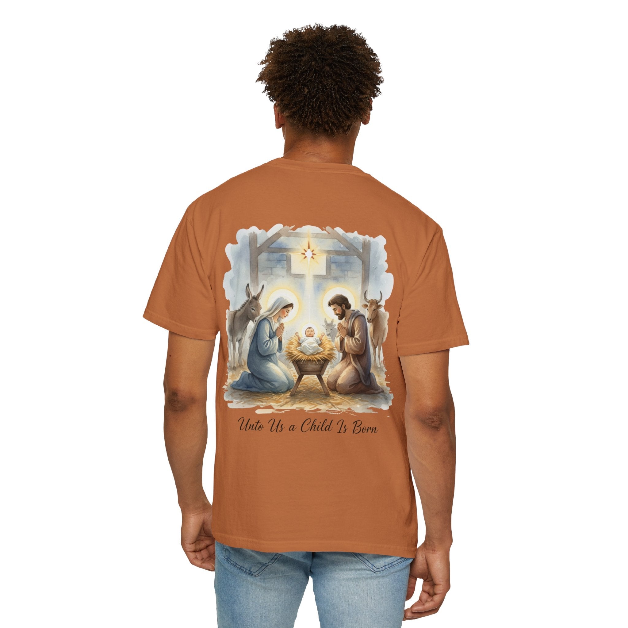 Unto Us a Child is Born T-shirt – Isaiah 9:6 Nativity Manger Scene Christian Christmas T-shirt for Holy Night Faith Printify