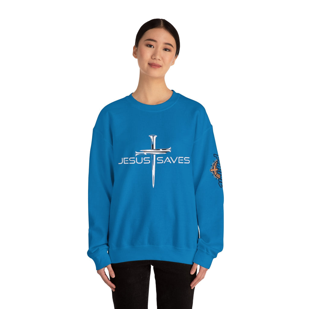 Jesus Saves Sweatshirt – 3 Nails Crucifix Cross Christian Sweatshirt for Redemption Faith & Bold Salvation Printify