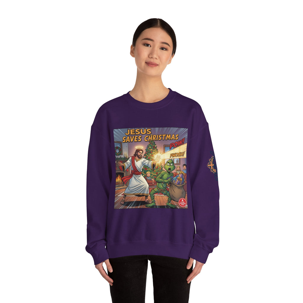 Jesus Saves Christmas Sweatshirt – Grinch vs Savior Light Battle Christian Sweatshirt for Hilarious Holiday Faith & True Joy Printify