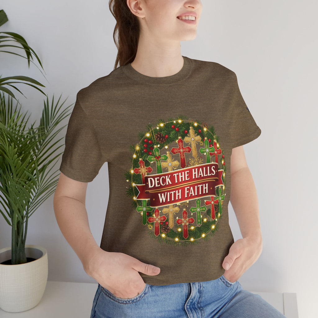 🎄 Deck the Halls with Faith – Christian Christmas T-Shirt | Cross Ornament Design & Festive Garland | Bold Holiday Faith Tee by Uplifted Gear Printify