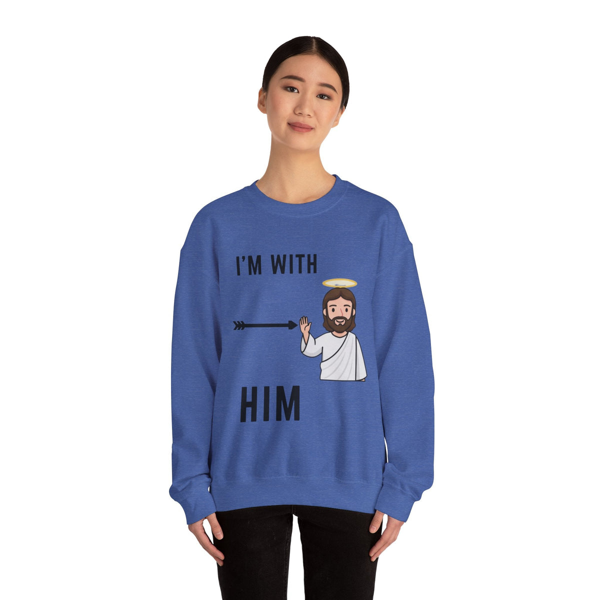 🔥 I’m With Him → Christian Sweatshirt | Arrow Pointing to Jesus | Minimalist Faith Tee | Subtle Cross Design | Bible-Inspired Apparel by Uplifted Gear Printify