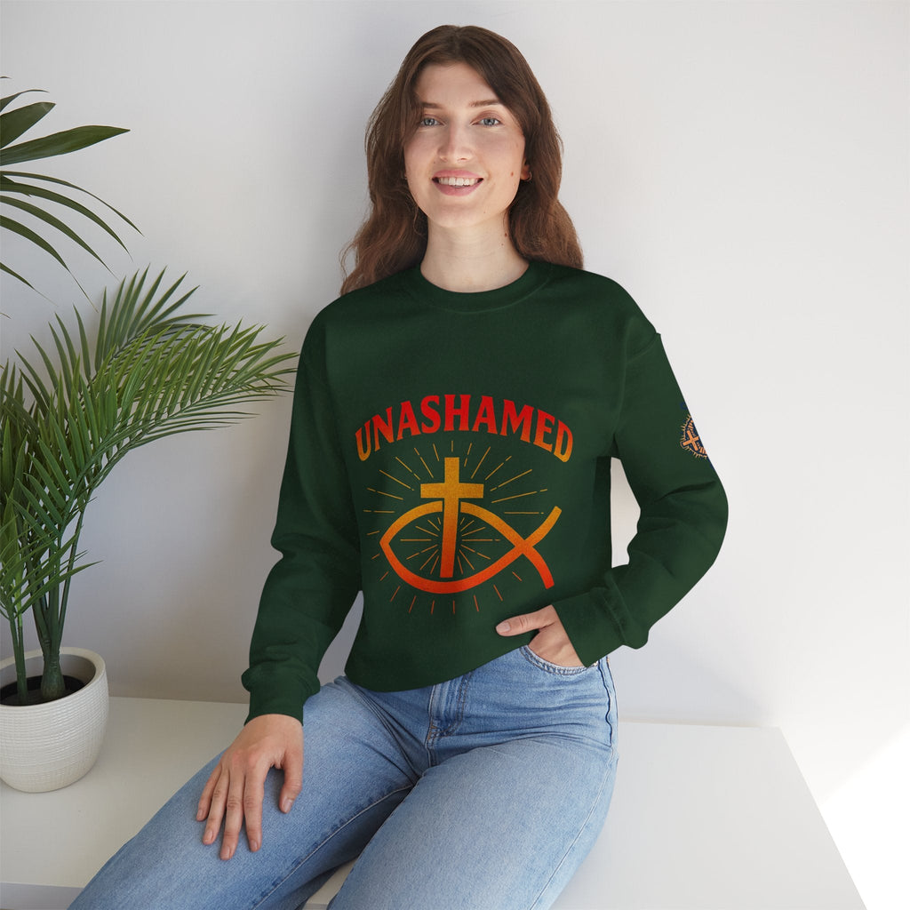 Unashamed Sweatshirt – Ichthys Jesus Fish & Cross Christian Sweatshirt for Romans 1:16 Bold Faith Printify