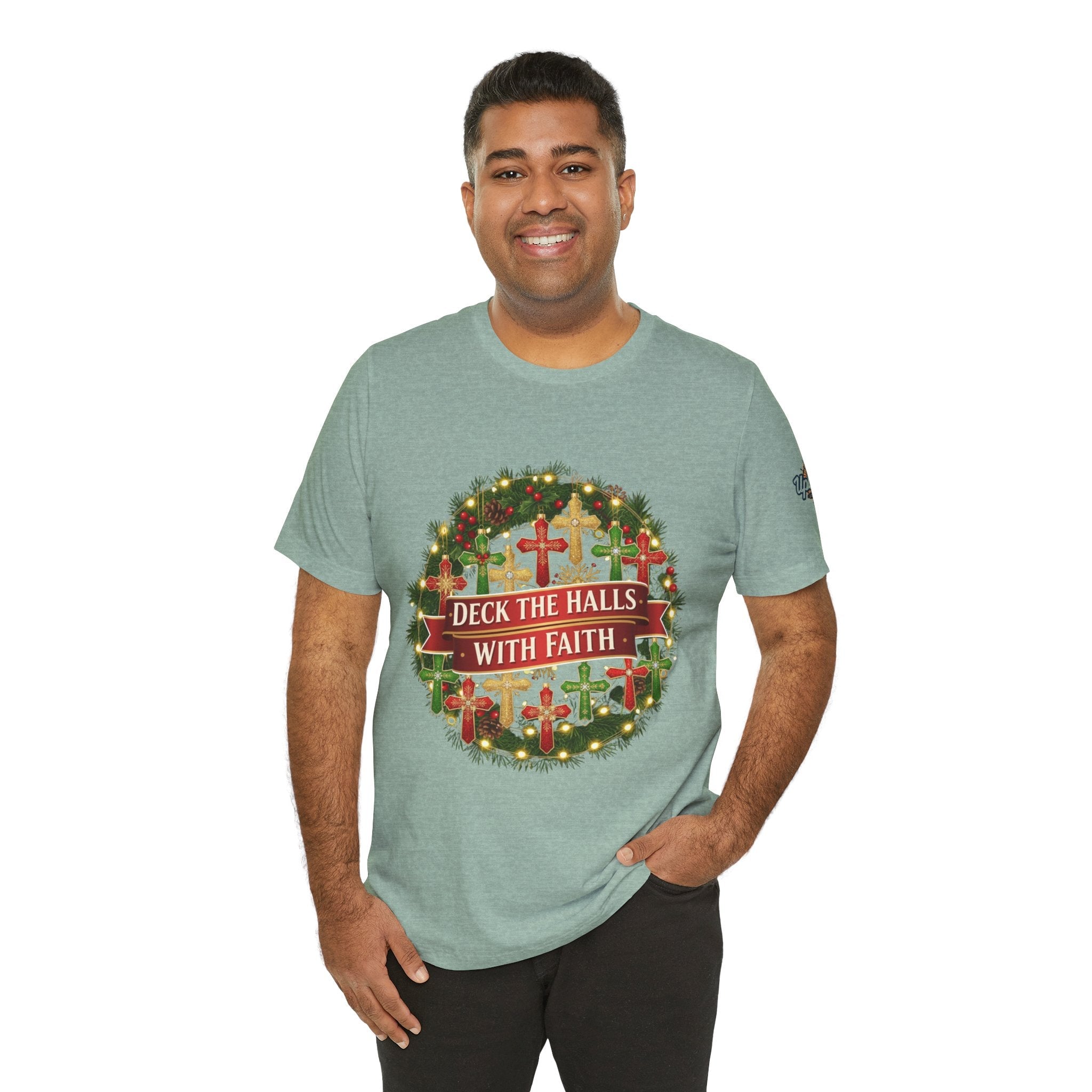 🎄 Deck the Halls with Faith – Christian Christmas T-Shirt | Cross Ornament Design & Festive Garland | Bold Holiday Faith Tee by Uplifted Gear Printify