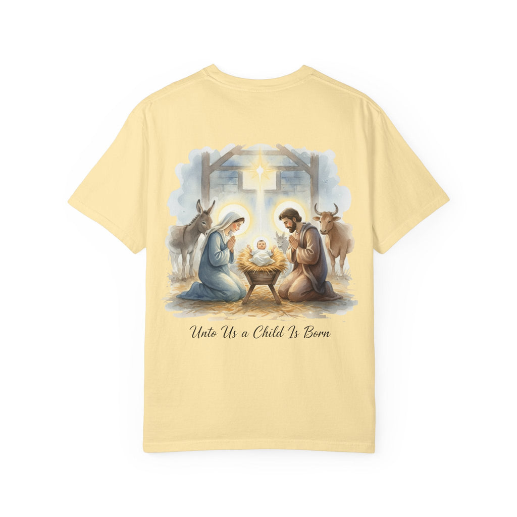 Unto Us a Child is Born T-shirt – Isaiah 9:6 Nativity Manger Scene Christian Christmas T-shirt for Holy Night Faith Printify