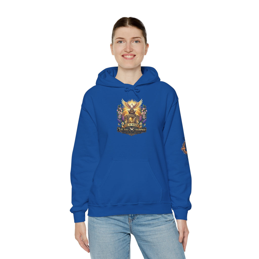 He Is Risen "Life Has Triumphed" Hoodie — Easter Resurrection Christian Hoodie Printify