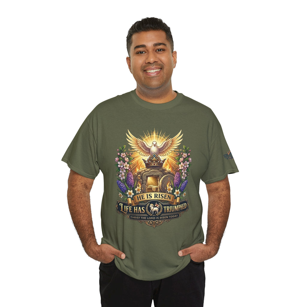 He Is Risen "Life Has Triumphed" T-Shirt — Easter Resurrection Christian Tee Printify