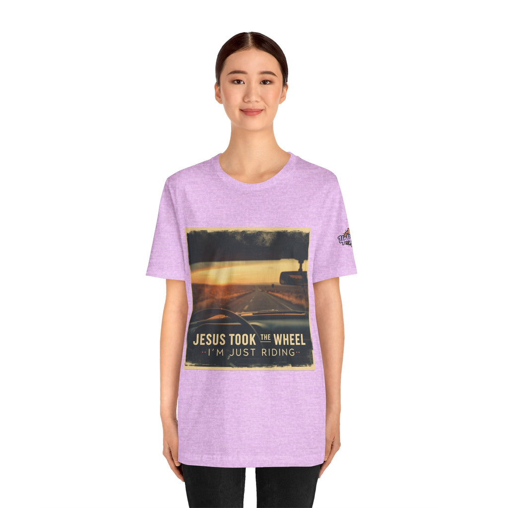 Jesus Took the Wheel I'm Just Riding T-shirt – Funny Christian Convertible Car T-shirt for Surrendered Faith & Humor Printify