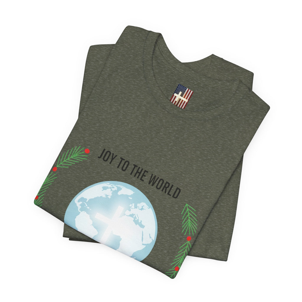 Joy to the World T-shirt – Wreath Earth Nativity Christian Christmas T-shirt for Isaiah 9:6 Holiday Faith & Festive Joy Printify