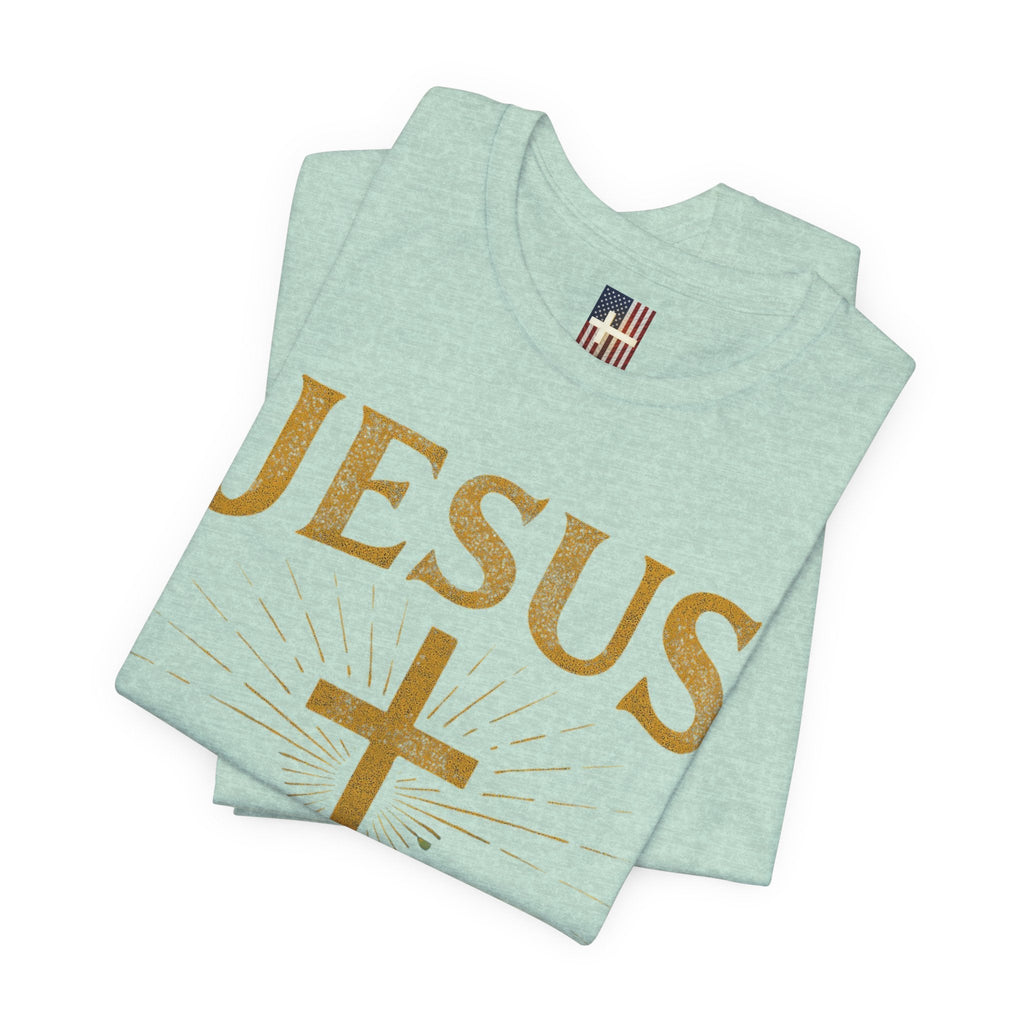 Jesus Saves T-shirt – Radiant Cross & Rays of Light Christian T-shirt for Eternal Hope & Faith Printify