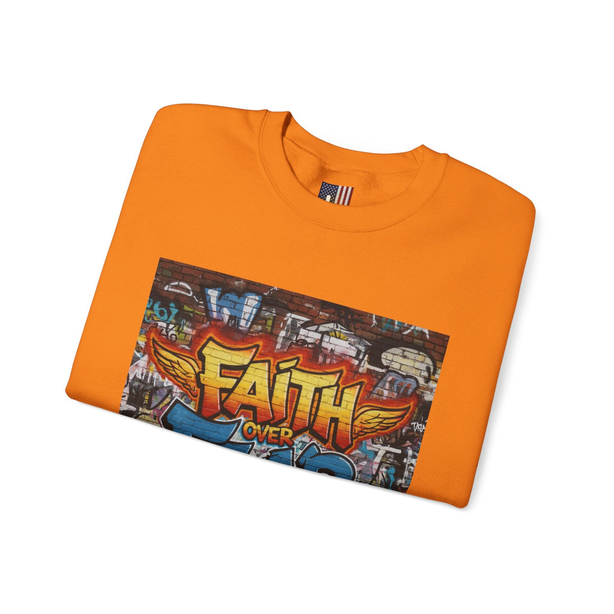 Faith Over Fear Sweatshirt – Graffiti Wall Christian Sweatshirt for Bold 2 Corinthians 5:7 Streetwear & Unshakable Faith Printify
