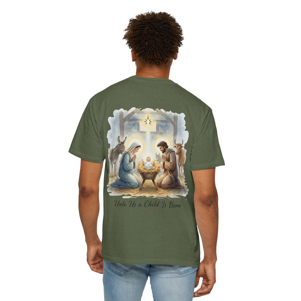 Unto Us a Child is Born T-shirt – Isaiah 9:6 Nativity Manger Scene Christian Christmas T-shirt for Holy Night Faith Printify