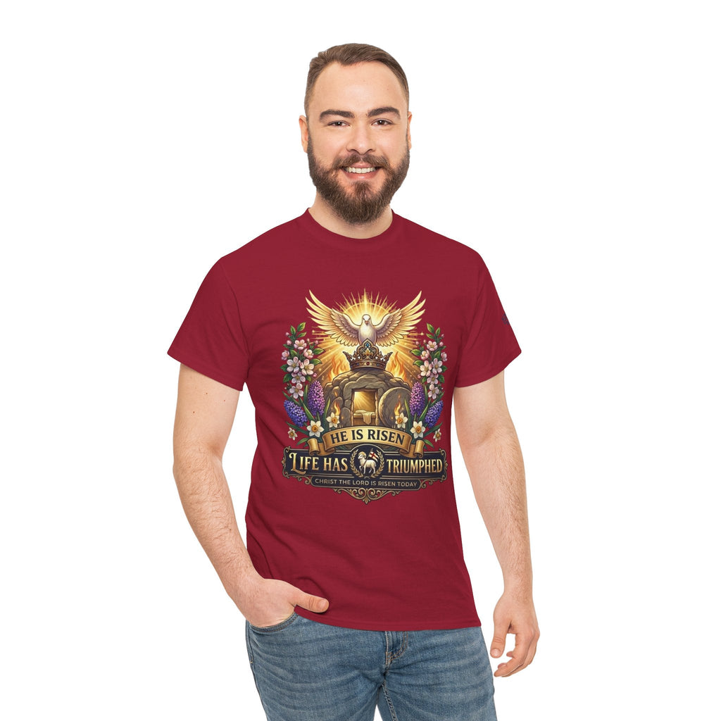 He Is Risen "Life Has Triumphed" T-Shirt — Easter Resurrection Christian Tee Printify