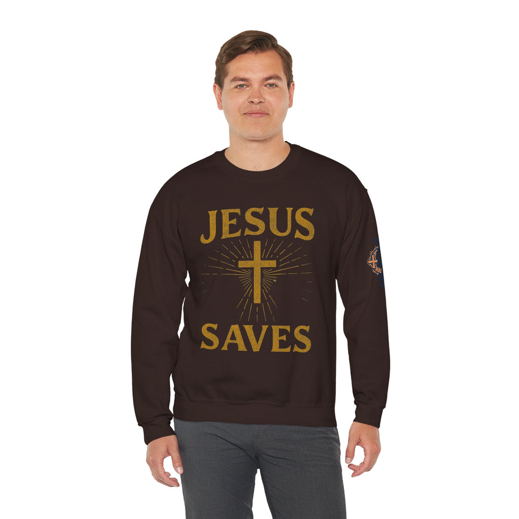 Jesus Saves Sweatshirt – Radiant Cross & Rays of Light Christian Sweatshirt for Eternal Hope & Faith Printify