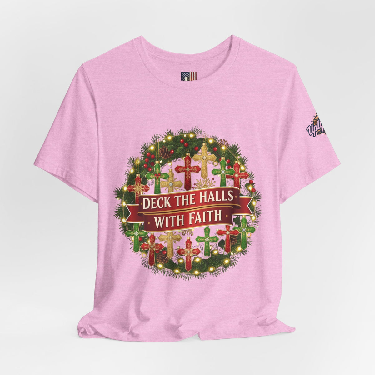 🎄 Deck the Halls with Faith – Christian Christmas T-Shirt | Cross Ornament Design & Festive Garland | Bold Holiday Faith Tee by Uplifted Gear Printify