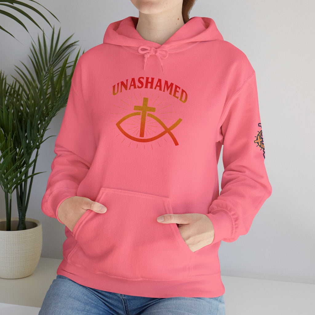 Unashamed Hoodie – Ichthys Jesus Fish & Cross Christian Sweatshirt for Romans 1:16 Bold Faith Printify