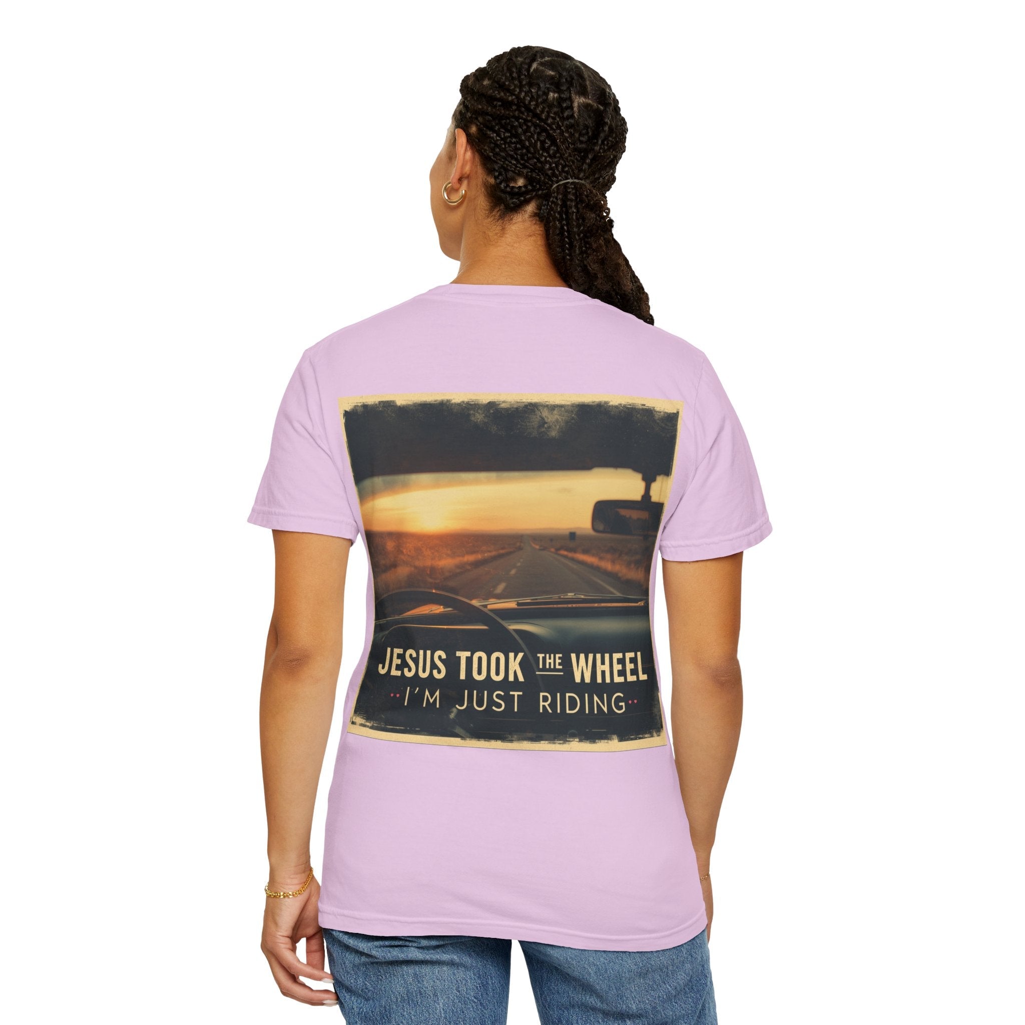 Jesus Took the Wheel I'm Just Riding T-shirt – Funny Christian Convertible Car T-shirt for Surrendered Faith & Humor Printify