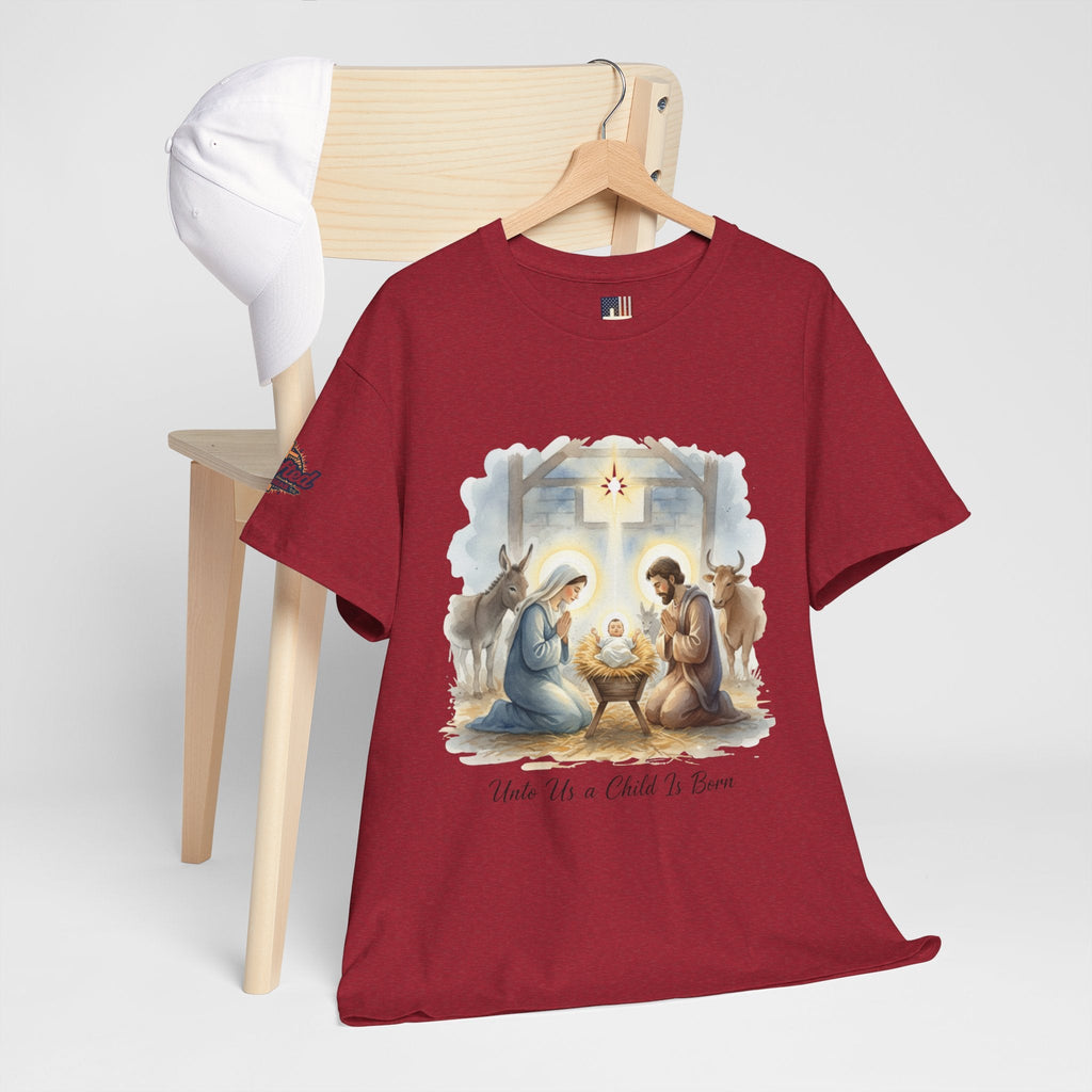 Unto Us a Child is Born T-shirt – Isaiah 9:6 Nativity Manger Scene Christian Christmas T-shirt for Holy Night Faith Printify