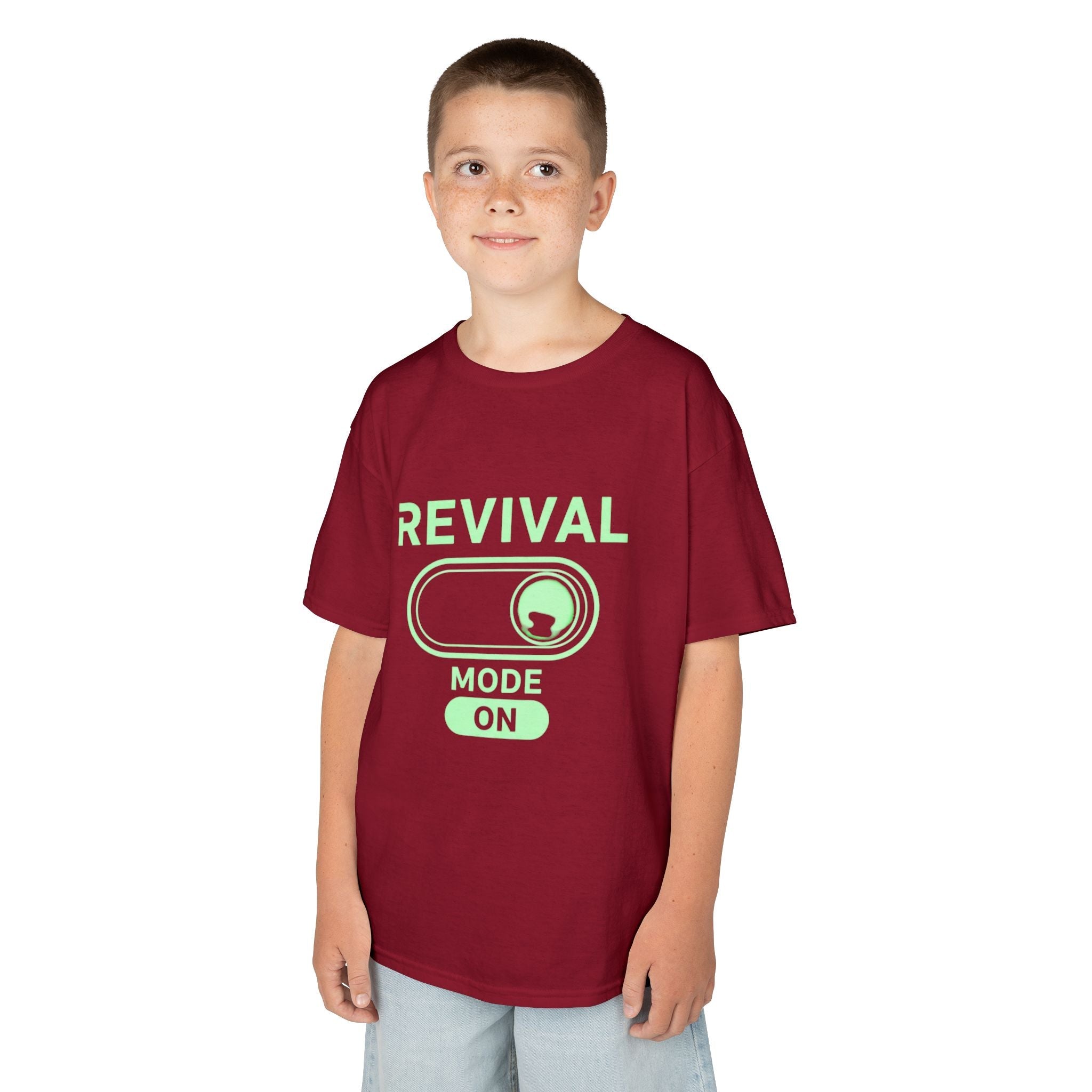 🔥 Revival Mode: ON – Christian Techwear Kids T-Shirt | Glowing Green Faith Switch | Futuristic Jesus Shirt | Activate Your Spiritual Awakening | Uplifted Gear Printify