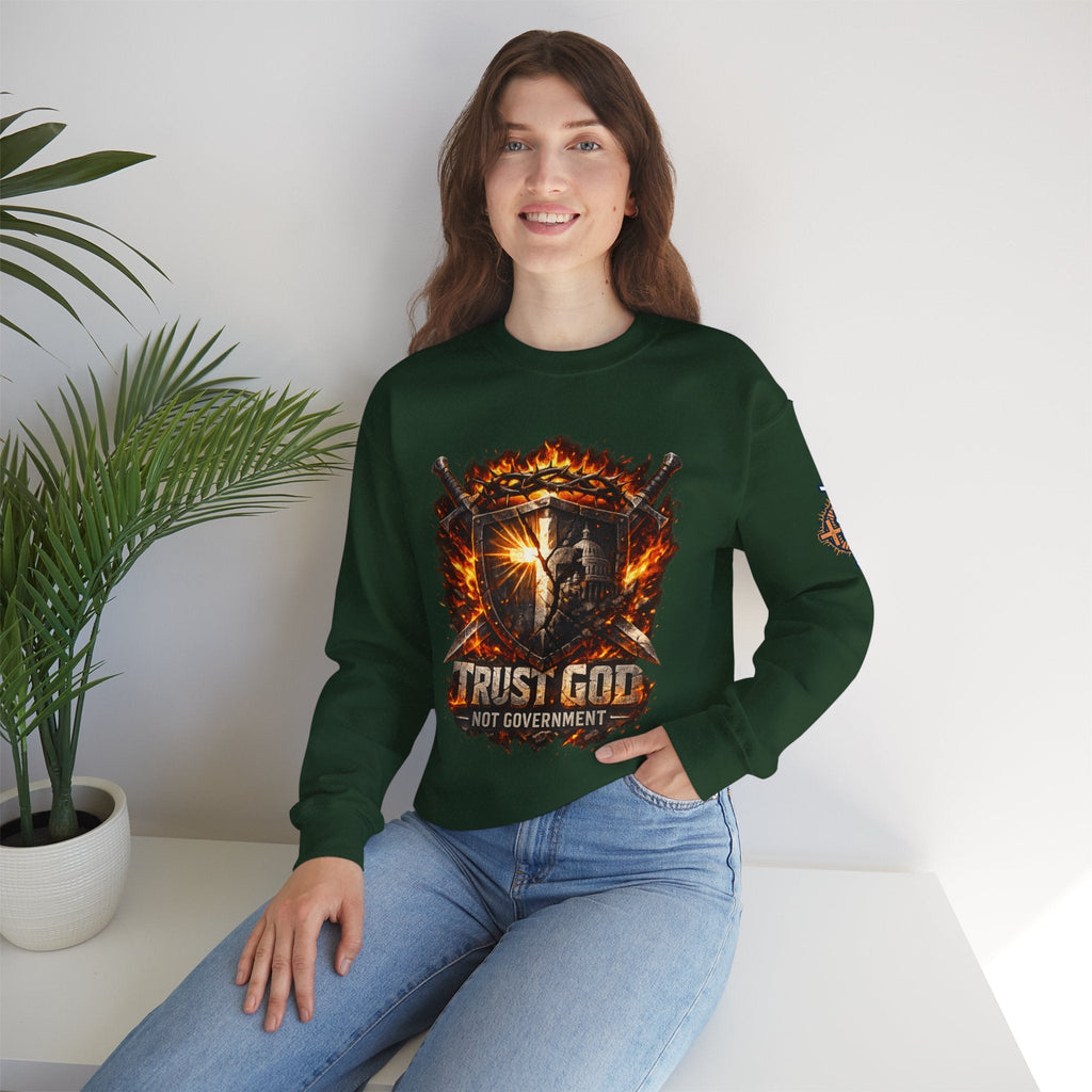 Trust God Not Government Shield Sweatshirt — Patriotic Christian Faith Sweatshirt Printify