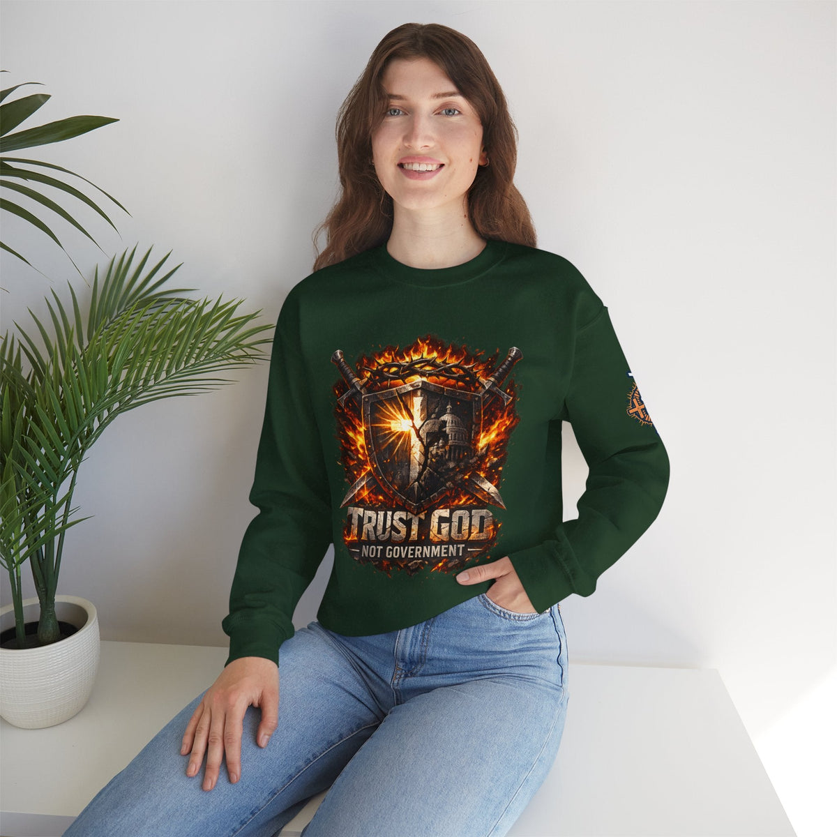 Trust God Not Government Shield Sweatshirt — Patriotic Christian Faith Sweatshirt Printify
