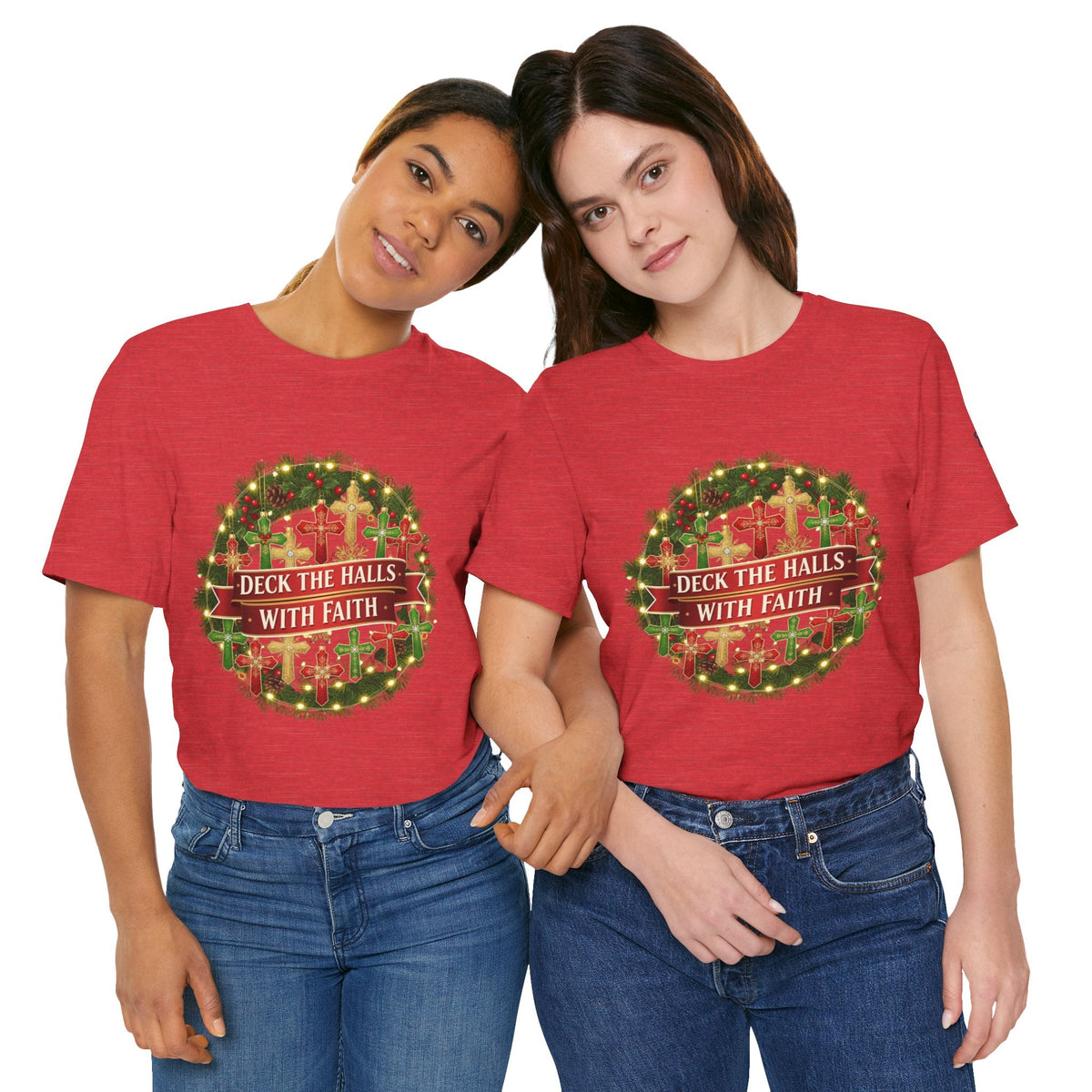 🎄 Deck the Halls with Faith – Christian Christmas T-Shirt | Cross Ornament Design & Festive Garland | Bold Holiday Faith Tee by Uplifted Gear Printify