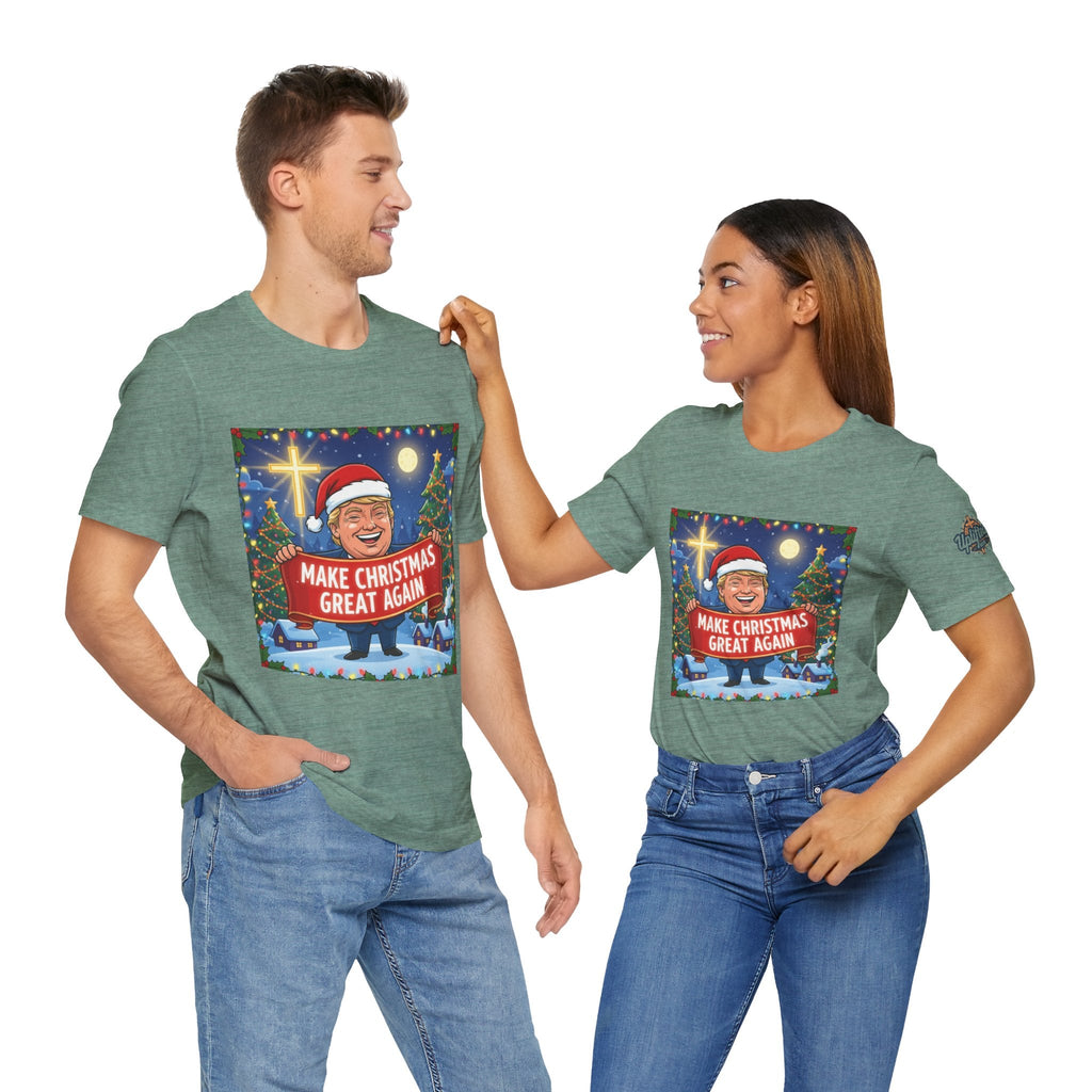🎄 Make Christmas Great Again – Patriotic Christian Christmas T-Shirt | Bold Holiday Faith Tee | Red & White Banner Design | Uplifted Gear Printify