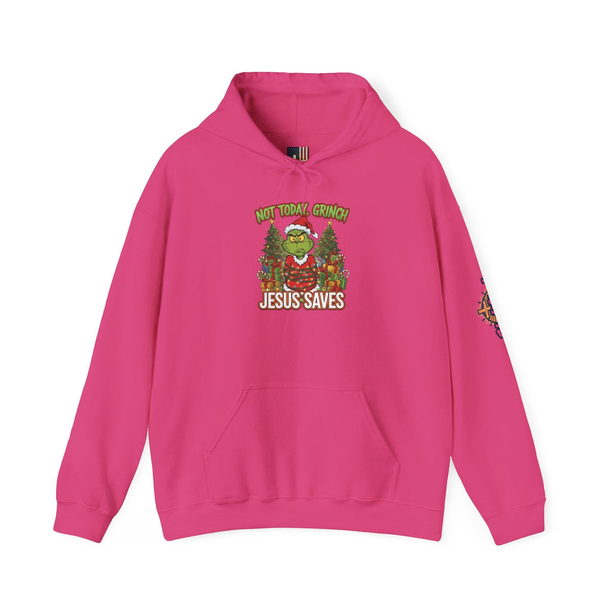 🎄 Not Today, Grinch – Jesus Saves | Funny Christian Christmas Hoodie | Sulking Grinch & Glowing Cross | Bold Neon Faith Tee by Uplifted Gear Printify
