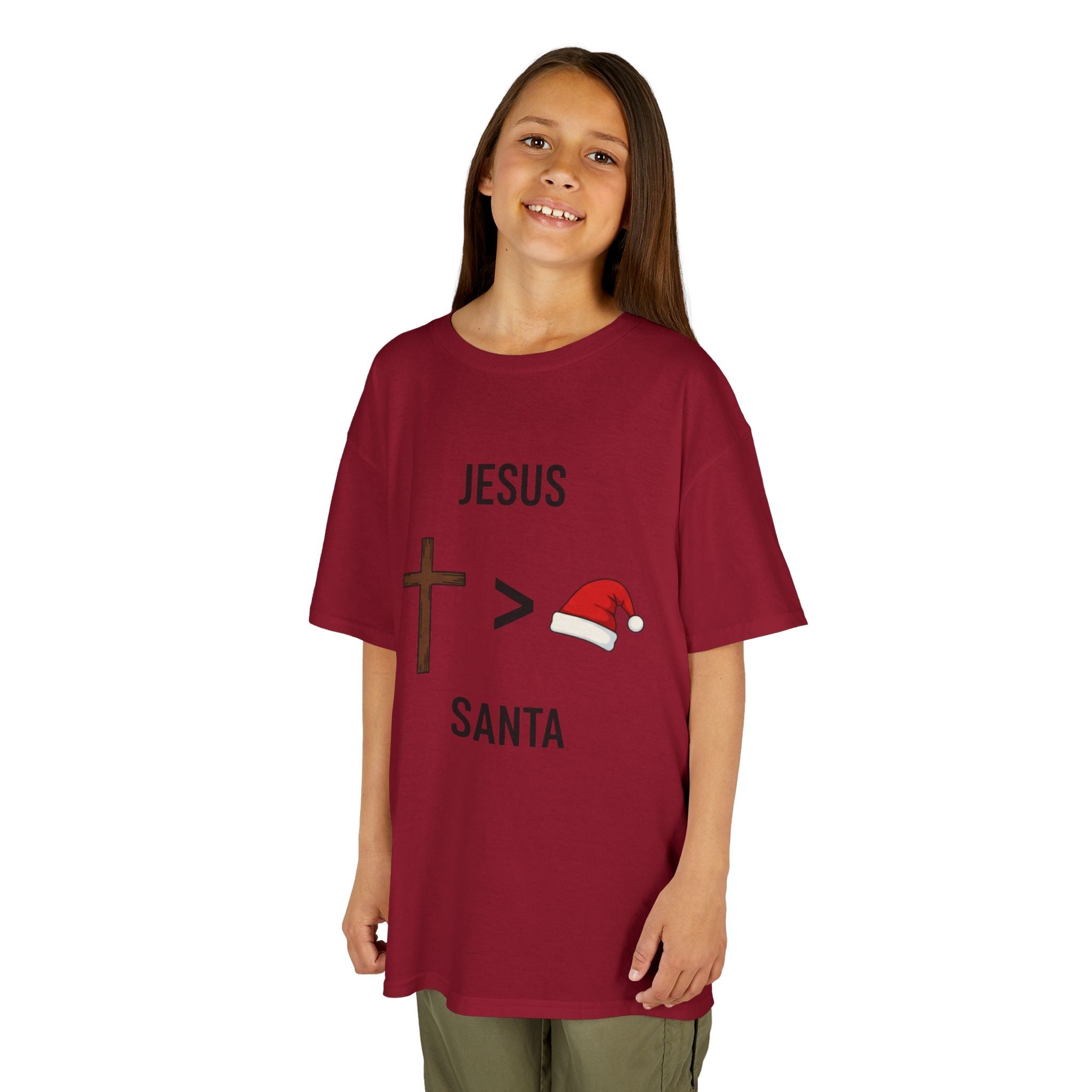 🎄 Jesus > Santa – Minimalist Christian Christmas Kids T-Shirt | Bold Faith Over Holiday Tee | Cross vs Santa Hat Design | Uplifted Gear Printify