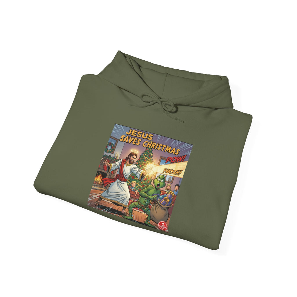Jesus Saves Christmas Hoodie – Grinch vs Savior Light Battle Christian Sweatshirt for Hilarious Holiday Faith & True Joy Printify