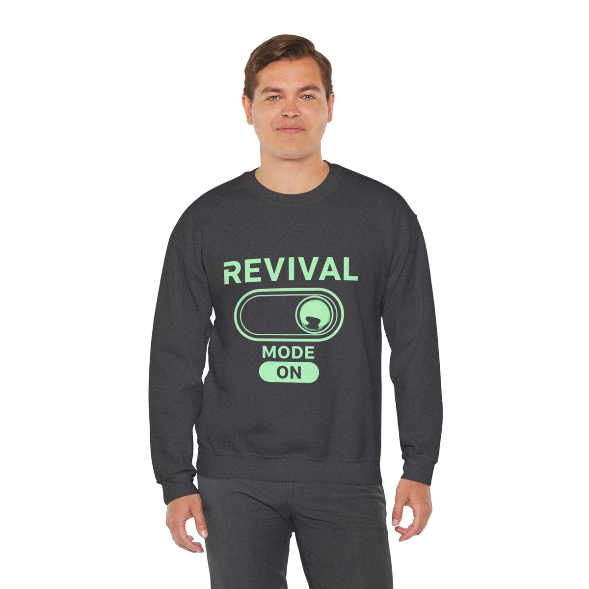 🔥 Revival Mode: ON – Christian Techwear Sweatshirt | Glowing Green Faith Switch | Futuristic Jesus Shirt | Activate Your Spiritual Awakening | Uplifted Gear Printify
