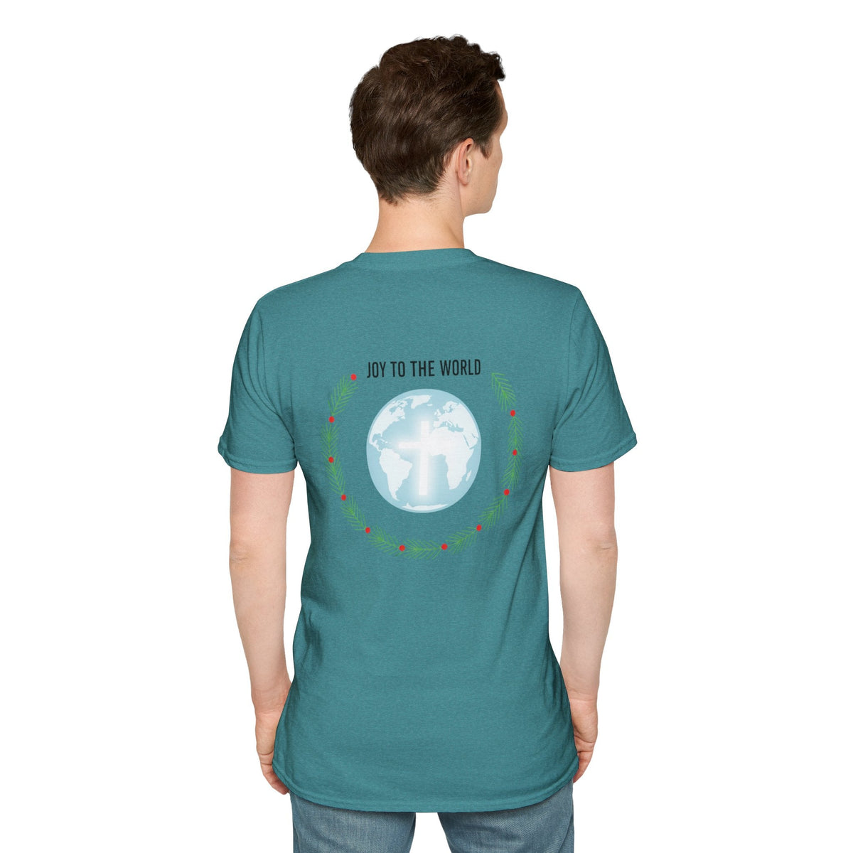 Joy to the World T-shirt – Wreath Earth Nativity Christian Christmas T-shirt for Isaiah 9:6 Holiday Faith & Festive Joy Printify