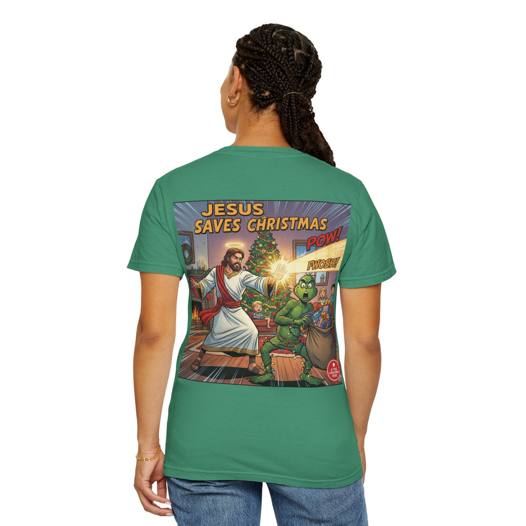 Jesus Saves Christmas T-shirt – Grinch vs Savior Light Battle Christian T-shirt for Hilarious Holiday Faith & True Joy Printify