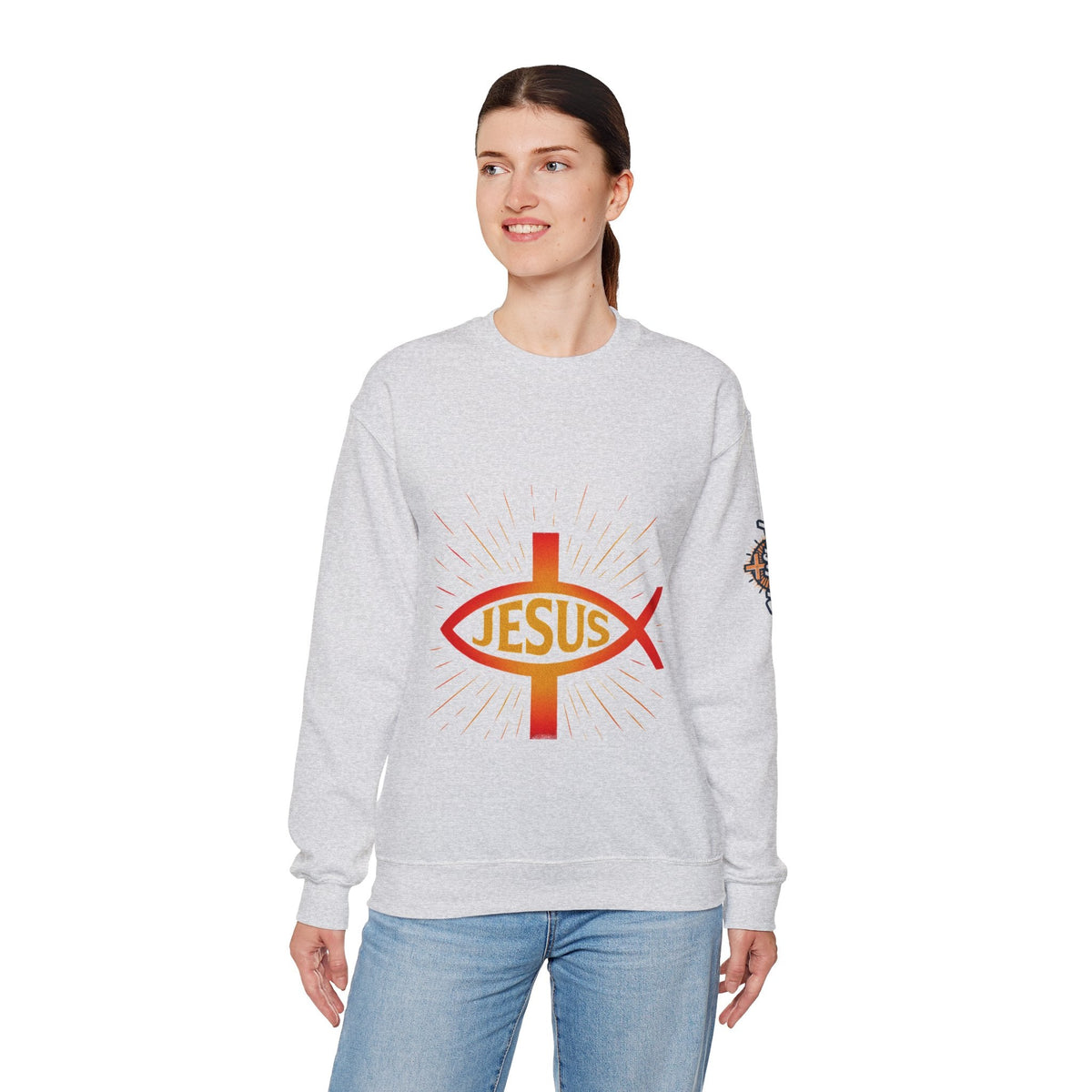 Jesus Ichthys Sweatshirt – Christian Fish Symbol with Cross & Jesus Inscription Sweatshirt for Eternal Faith & Streetwear Printify