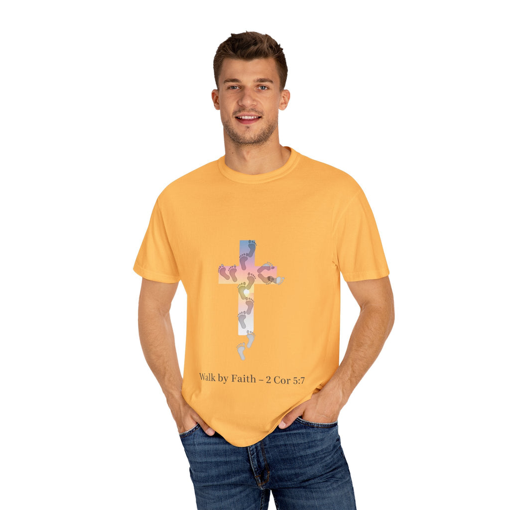 Walk by Faith T-Shirt – Cross & Footprints Christian Tee for Bold Believers Printify