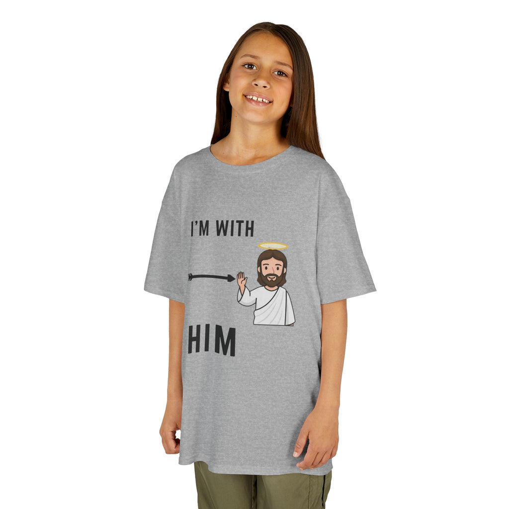 🔥 I’m With Him → Christian Kids T-Shirt | Arrow Pointing to Jesus | Minimalist Faith Tee | Subtle Cross Design | Bible-Inspired Apparel by Uplifted Gear Printify