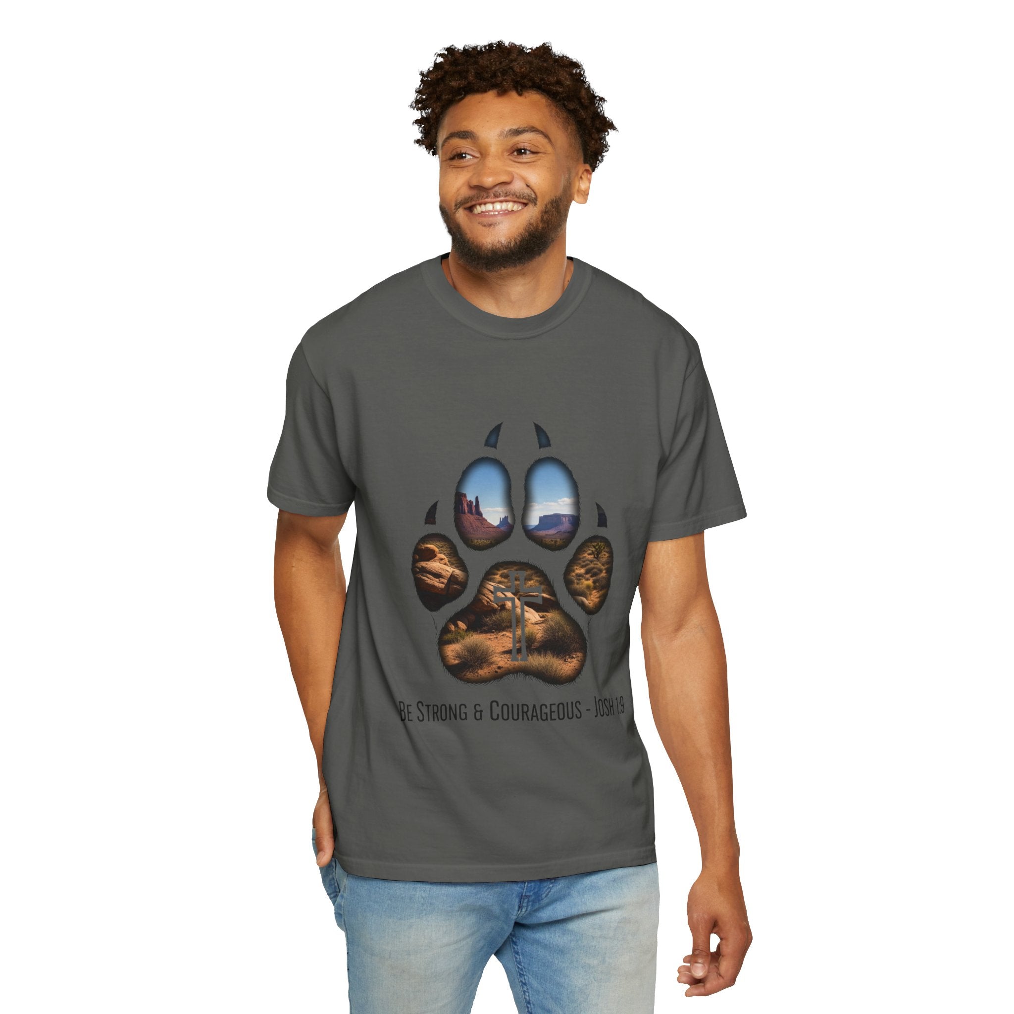 Strong and Courageous T-Shirt – Canine Pawprint Desert Joshua 1:9 Christian Tee Printify