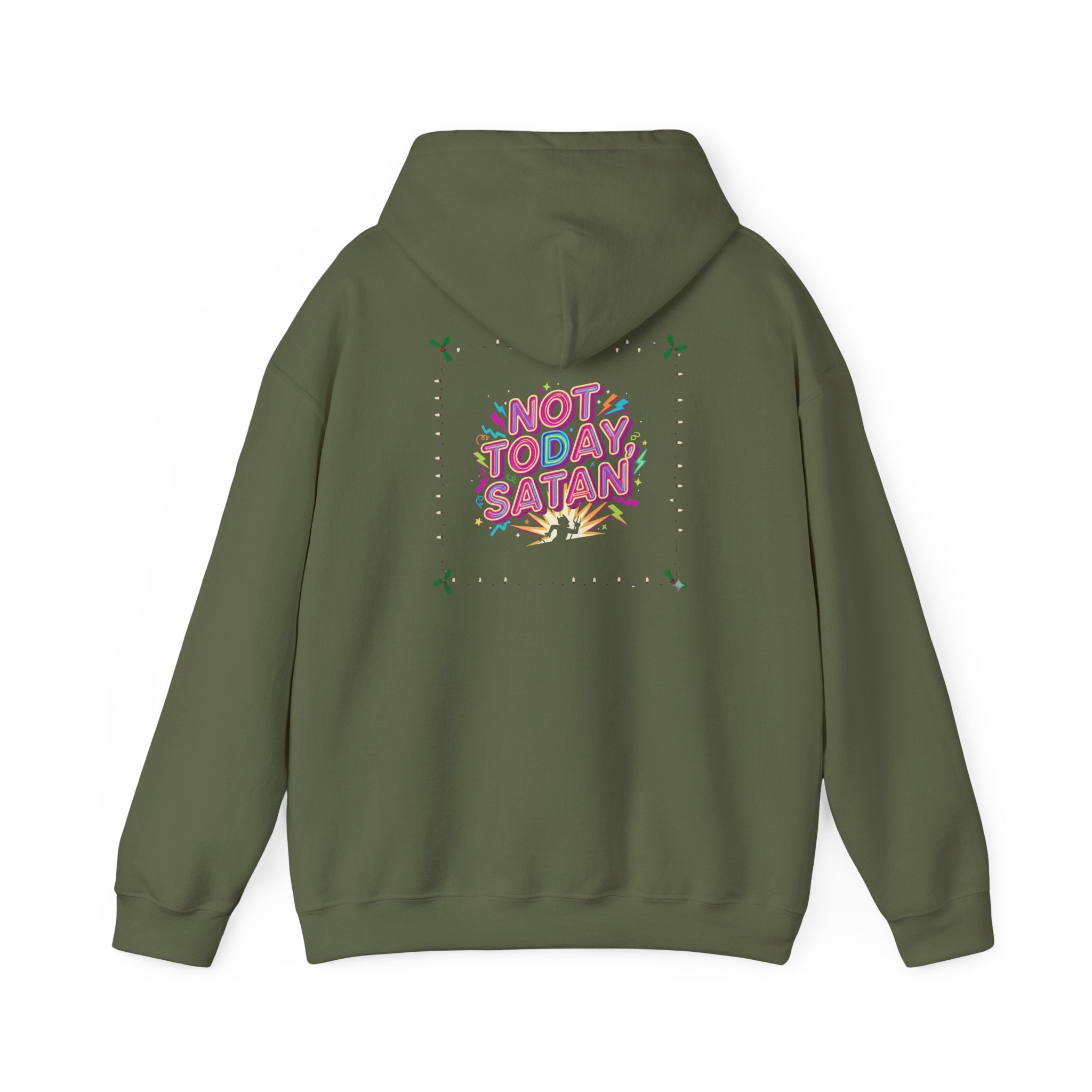 🔥 Not Today, Satan – Retro 90s Christian Hoodie | Neon Faith Tee | Funky Cartoon Devil | Bold Bible Verse Shirt | Uplifted Gear Printify