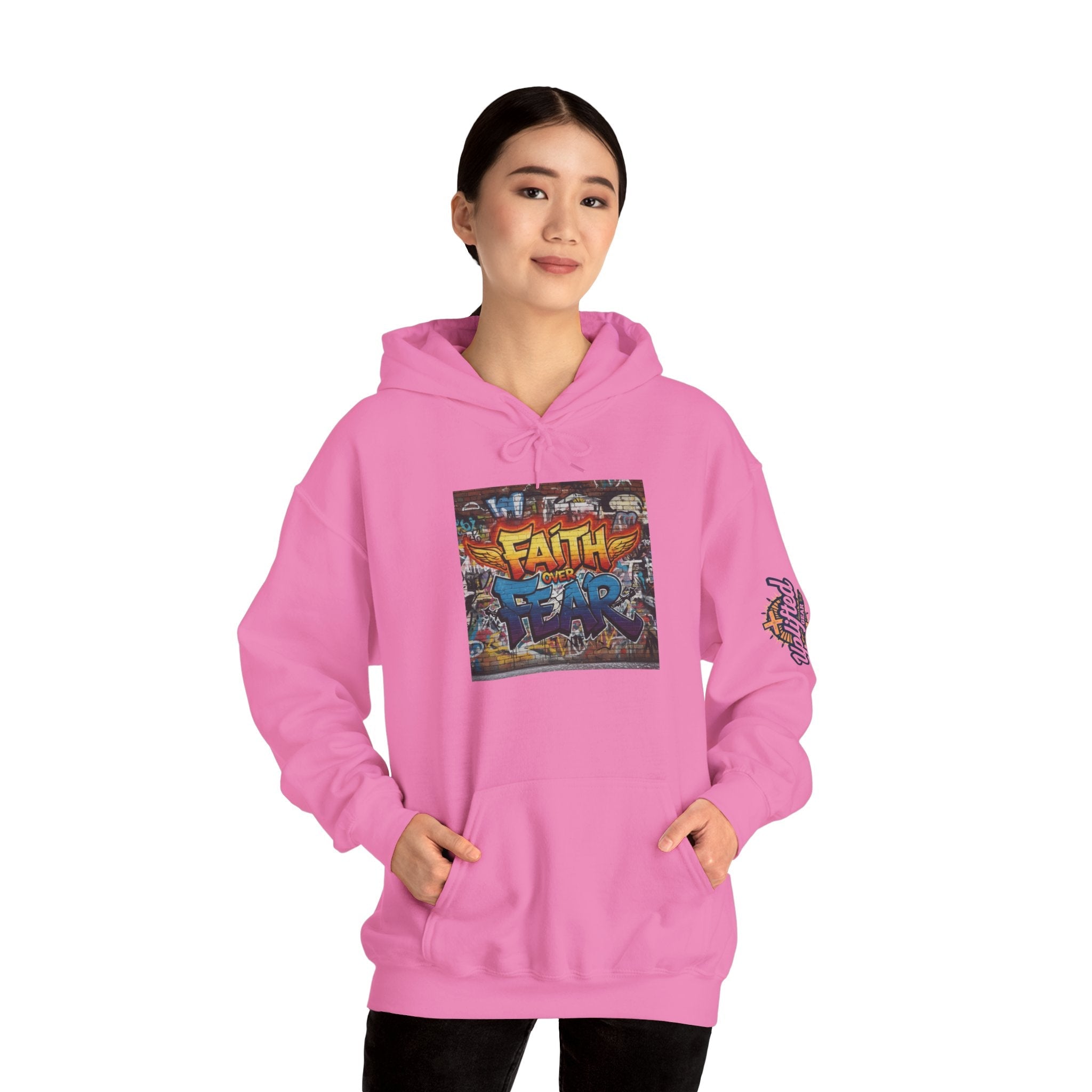 Faith Over Fear Hoodie – Graffiti Wall Christian Sweatshirt for Bold 2 Corinthians 5:7 Streetwear & Unshakable Faith Printify