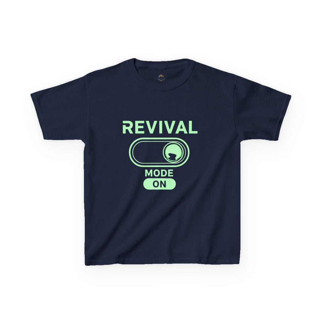 🔥 Revival Mode: ON – Christian Techwear Kids T-Shirt | Glowing Green Faith Switch | Futuristic Jesus Shirt | Activate Your Spiritual Awakening | Uplifted Gear Printify