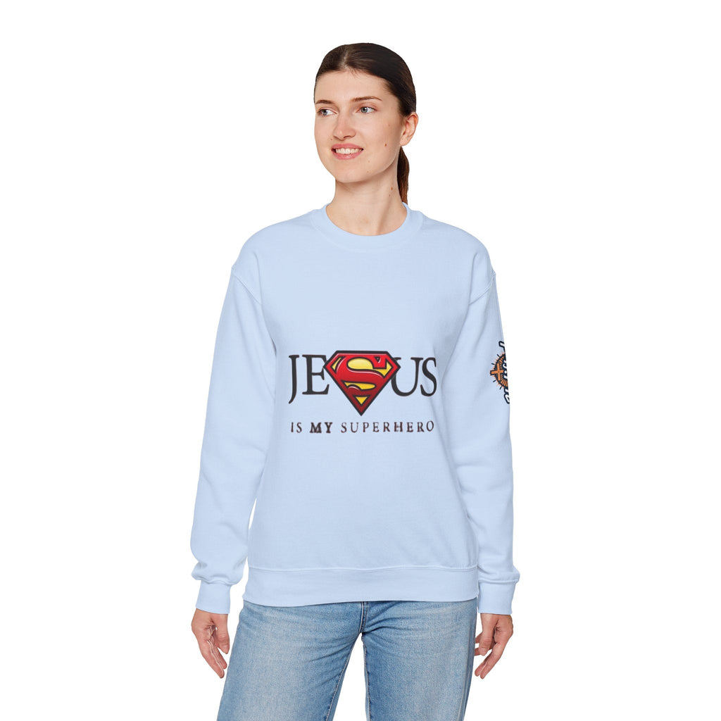 Jesus Is My Superhero Crewneck Sweatshirt Printify